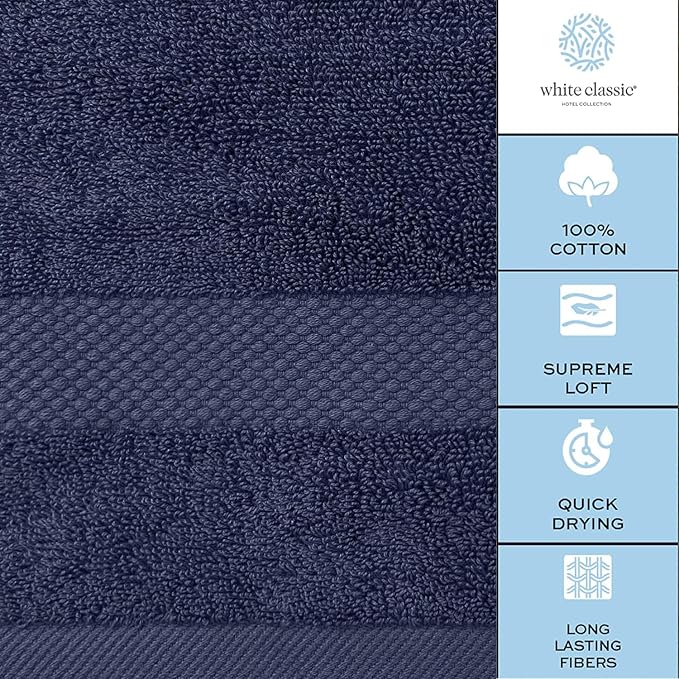 White Classic Luxury Bath Towels Large - Cotton Hotel spa Bathroom Towel |30x56 | 4 Pack | Navy Blue