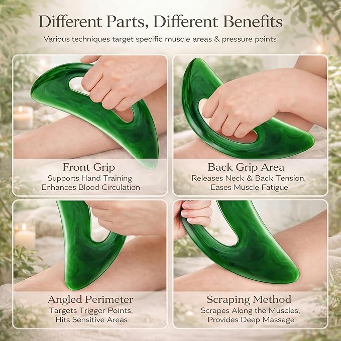 BBTO 2 Pcs Body Gua Sha Tool Large Resin Scraping Tools with Handle for Back, Neck, Face, Leg - Lymphatic Drainage, Cellulite Removal, Muscle Relief (Green)