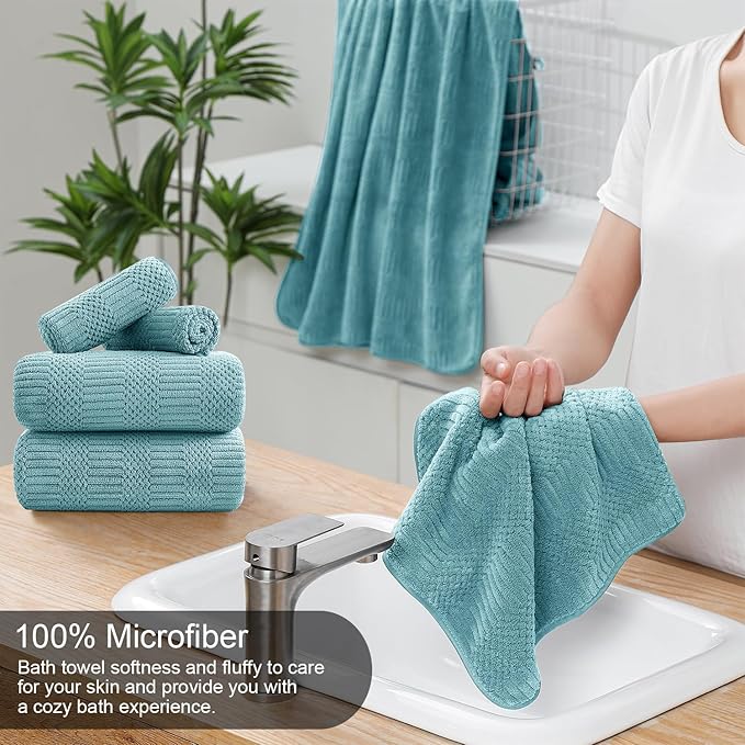 8 Piece Bath Towel Set-2 Oversized Bath Sheets(35"x70"),2 Hand Towels,4 Washcloths-Extra Large Microfiber Towel Sets,Less Lint Highly Absorbent & Quick Dry Bath Towels for Bathroom Gym Pool,Turquoise