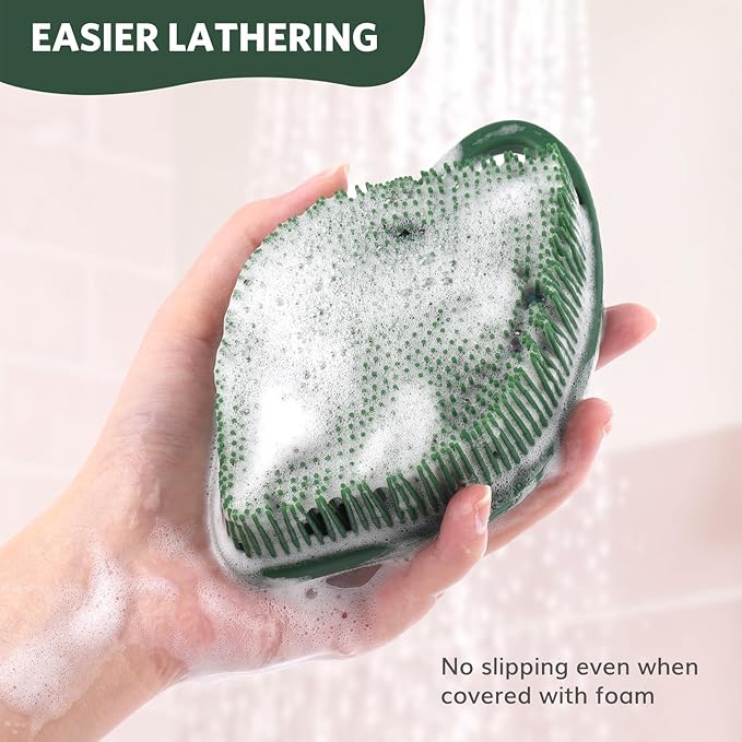 Sndyi Silicone Body Scrubber, Gentle Exfoliating Body Scrubber for Sensitive Skin, Leaf Shaped Shower Scrubber for Body with Lathering Bristles, Silicone Loofah Body Brush for Showering, Evergreen