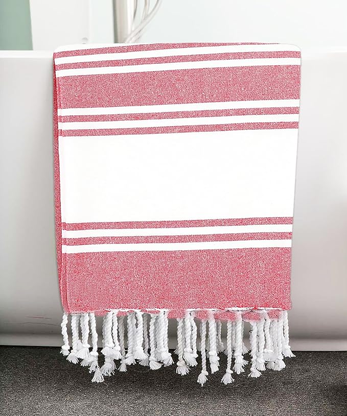 Goroly Home Cotton Turkish Peshtemal Beach Towel, Extra Large, Thin Quick Dry Sand Free Pool & Swim Towel, Bathing Blanket, Travel Essentials, (Red, 36x71 Inches)