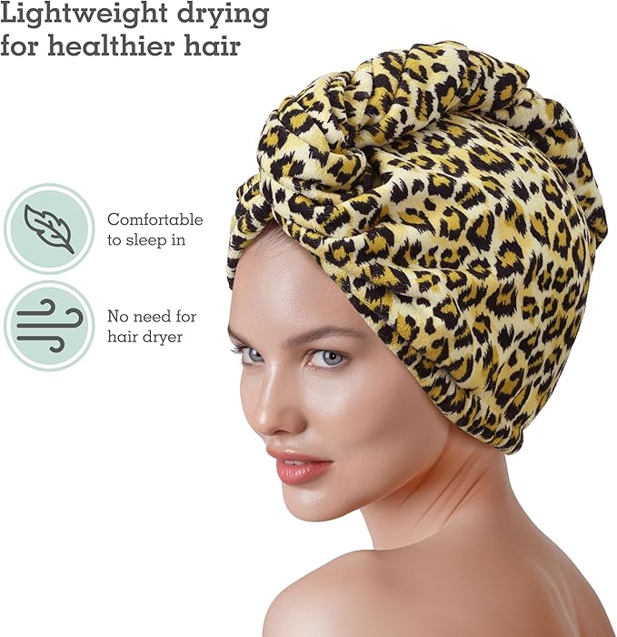 Brook + Bay Microfiber Hair Towel Wrap - Quick Dry Microfiber Towel for Hair - Anti-Frizz Plopping Turban - Machine Washable - Cheetah