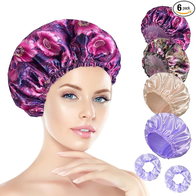 Shower Cap for Women Set of 4, Bath Caps, Double Layers Hair Caps + 4 Satin Hair Scrunchies, Reusable Waterproof Shower Caps, Elastic Hair Cap for Shower - Pattern C