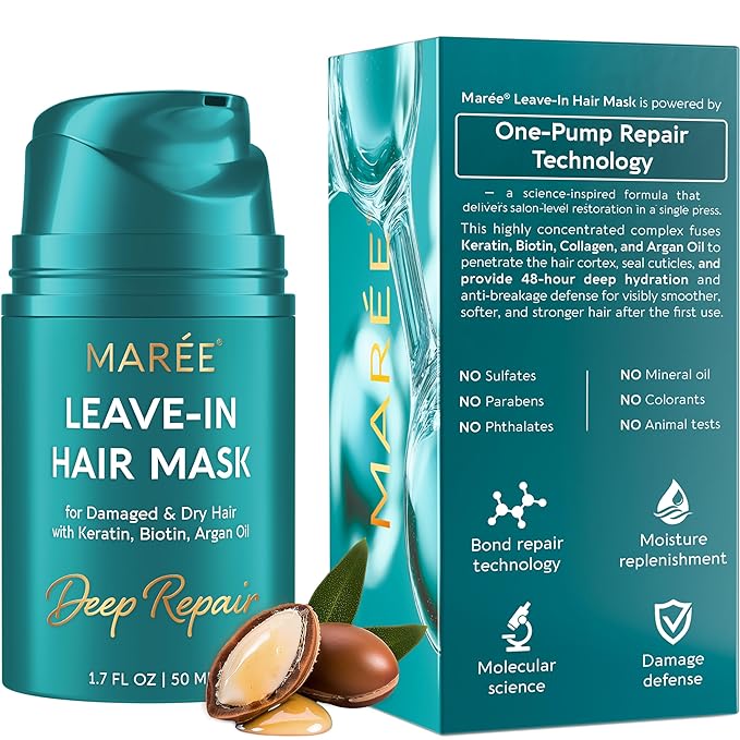 MAREE Deep Conditioning Leave-In Hair Mask for Damaged Hair – Keratin Hair Treatment with Biotin, Natural Oils & Vitamins – Leave-In Conditioner for Repair and Hydration – Color Glazers