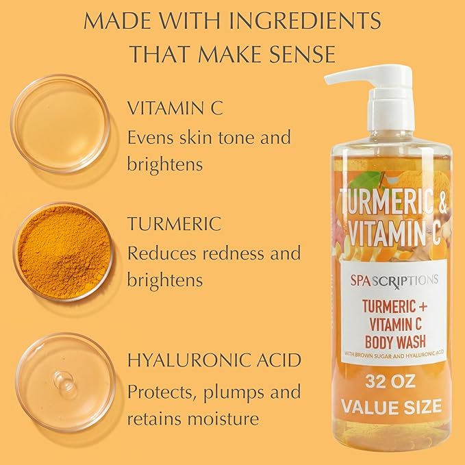 SpaScriptions Vitamin C & Turmeric Body Wash – Brightening Gentle Cleansing Shower Gel Scrub With Hyaluronic Acid for Radiant Glowing Skin & Brown Sugar Exfoliation, Scented, Paraben Free, 32 fl oz