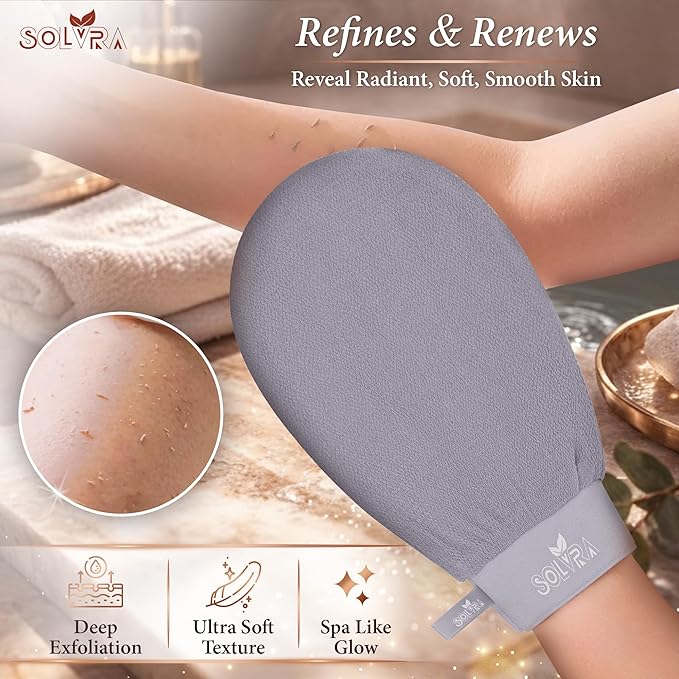 Exfoliating Gloves – 100% Vegan Viscose Kessa Mitt for Dead Skin Removal, Self-Tan Fade, and Keratosis Pilaris – Dual-Texture Glove for Spa & Massage (2 Pack, Gray/Orange)