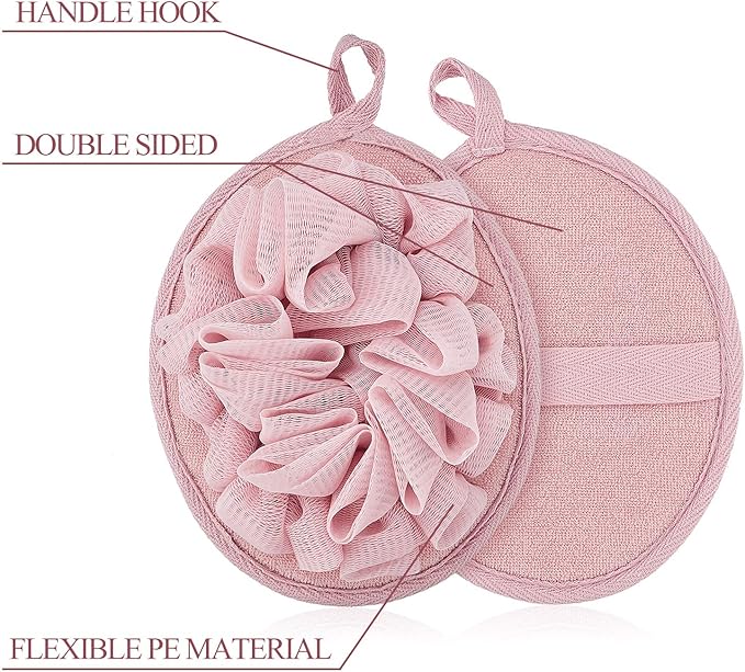 Boao 6 Pcs Bath Shower Pouf Sponge Mesh Pouf Shower Ball Exfoliating Body Sponge Pad Scrubber Glove with Flower Bath Ball (Khaki,Coffee,Pink)