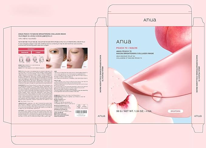 ANUA Peach 70 Niacin Brightening Collagen Mask, Overnight Face Mask for Glass Skin, Niacinamide, Elasticity, Even Skin Tone, Natural Color, Korean Skincare, 1.34 fl.oz/4ea