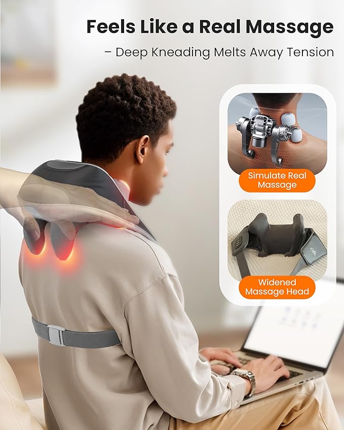 CILI Cordless Neck Massager with Heat, 4D Shiatsu Shoulder Back Deep Tissue, Neck Back Massager Pillow, Wider Massage Head & More Heating Area