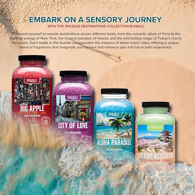 Hot Tub & Spa Aromatherapy Bath Salt Crystal Scents Spazazz Destinations Collection Bundle Aloha Paradise, Big Apple, City of Love, Cherry Blossom - Skin Moisturizer - Will Not Damage Spas & Hot Tubs