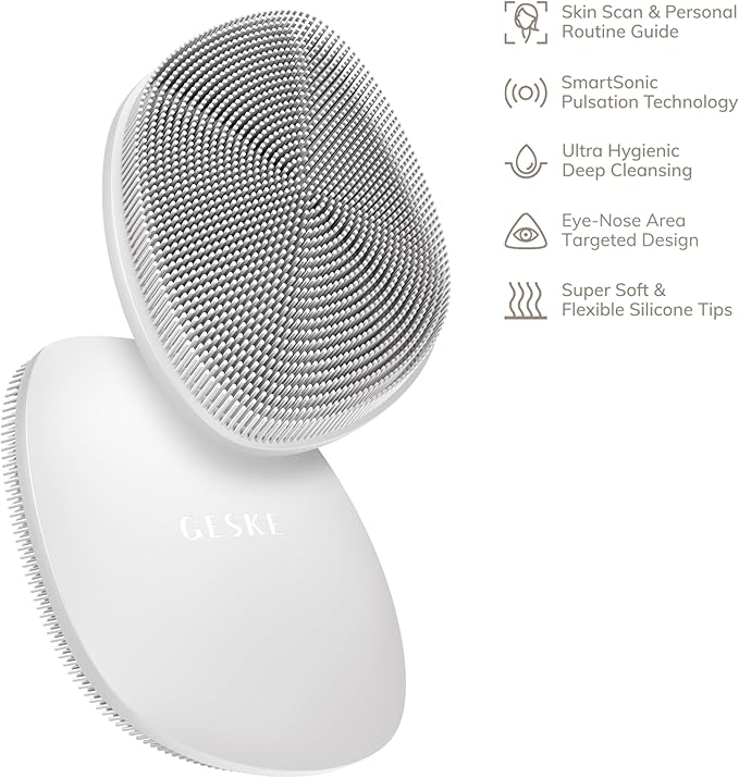 GESKE SmartAppGuided™ Facial Brush | 4 in 1 | Professional Facial Cleansing Brush | Skin Cleansing Silicone Facial Brush | Routine Skincare | Gentle Cleansing | Facial Cleanser