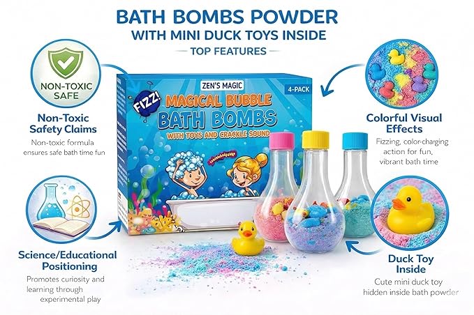Bubble Bath Bombs for Boys with Mini Toy Ducks Inside – Bubble Bath for Kids - Kids Bath Bombs Toys Powder– Bathtime Experiment Kit Mix - Blast of Foam & Colours – Gift Set of 4 - Bath Toys