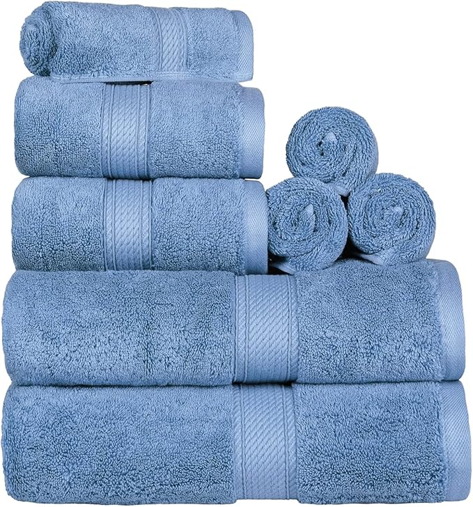 SUPERIOR Egyptian Cotton Pile 8 Piece Towel Set, Includes 2 Bath, 2 Hand, 4 Face Towels/Washcloths, Ultra Soft Luxury Towels, Thick Plush Essentials, Guest Bath, Spa, Hotel Bathroom, Denim Blue