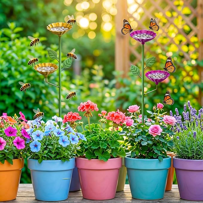 Bee Watering Station for Garden 4 Pack, Metal Double-Flower Bee Bath Garden Stakes, Colorful Bee Cups Pollinator Feeder Outdoor Decor for Bees Butterflies, Yard Garden Decorations