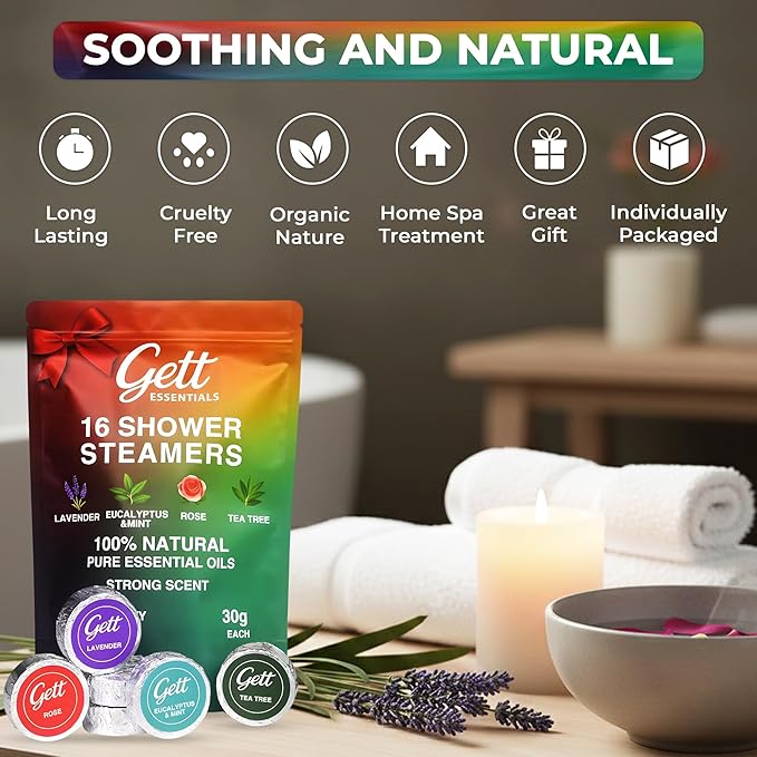 GETT Shower Steamers Aromatherapy 16 Pack – Strong Scent, Long Lasting Shower Tablets – Lavender, Eucalyptus, Rose, Tea Tree – Stress Relief & Sinus Relief – Home Spa Gifts for Women, Mother’s Day