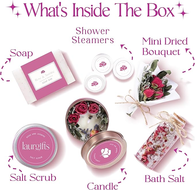 Mothers Day Spa Gift Set for Women – Rose & Jasmine Candle Gift Set with Bath Treats, Relaxing Self Care Basket, Birthday Gift for Mom or Friend