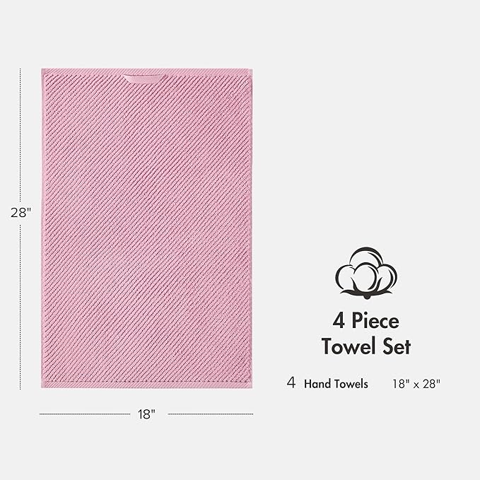 Madison Park 4-Piece Hand Towel Set for Bathroom 18" x 28" Diagonal Ribbed, Pink - 100% Cotton Soft Quick Dry & Absorbent Gift | Zero Twist, 500 GSM, Oeko-TEX, Hotel Quality