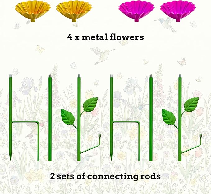 2 Pack Bee Watering Station, Metal Flower Garden Stakes with Double Bloom Trays, Colorful Bee Bath Cups for Pollinators & Butterflies, Outdoor Garden Decor Yard Decoration