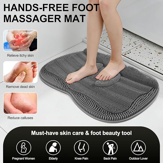 Bath Shower Foot Scrubber Mat - Silicone Shower Foot Scrubber Mat (XL) Cleaner Foot Toes Clean Pad Without Bending Non-Slip Suction Cups Bathroom mat 17.2 * 13 inch - Dark Grey