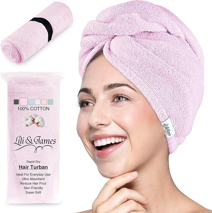 Lili&James 100% Cotton Hair Towel Wrap for Women/Kids | Quick Dry, Soft & Absorbent 420 GSM Hair Wrap Towels with Double Button | Anti Frizz, Non Microfiber Hair Turbans for Curly, Long Hair (Lilac)