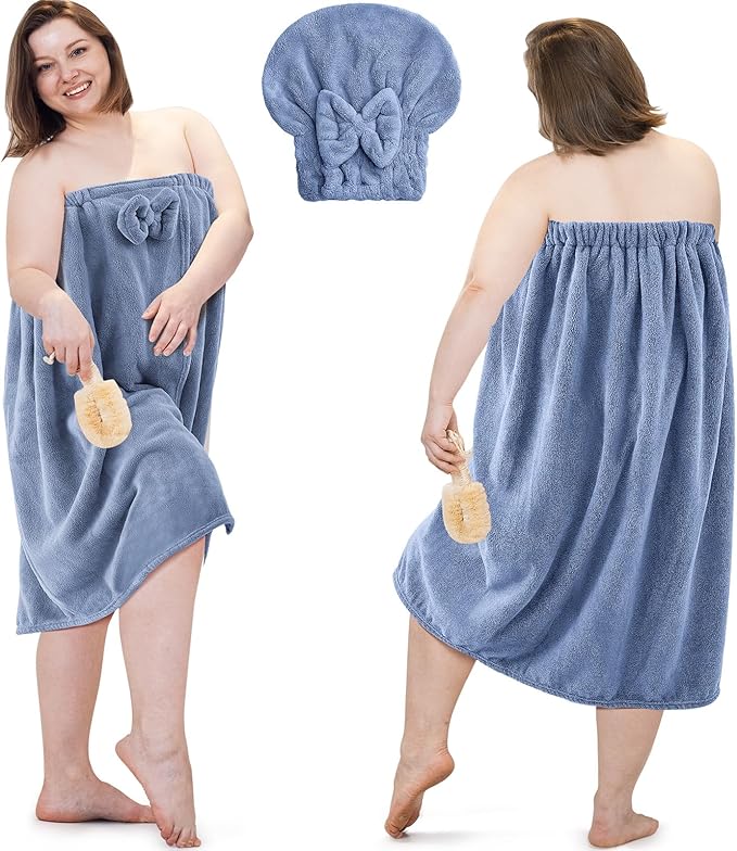 Xtinmee 2 Sets Plus Size Womens Wrap Towel with Hair Towel Bath Wrap Shower Spa Wraps for Women's Bathrobe (Blue)