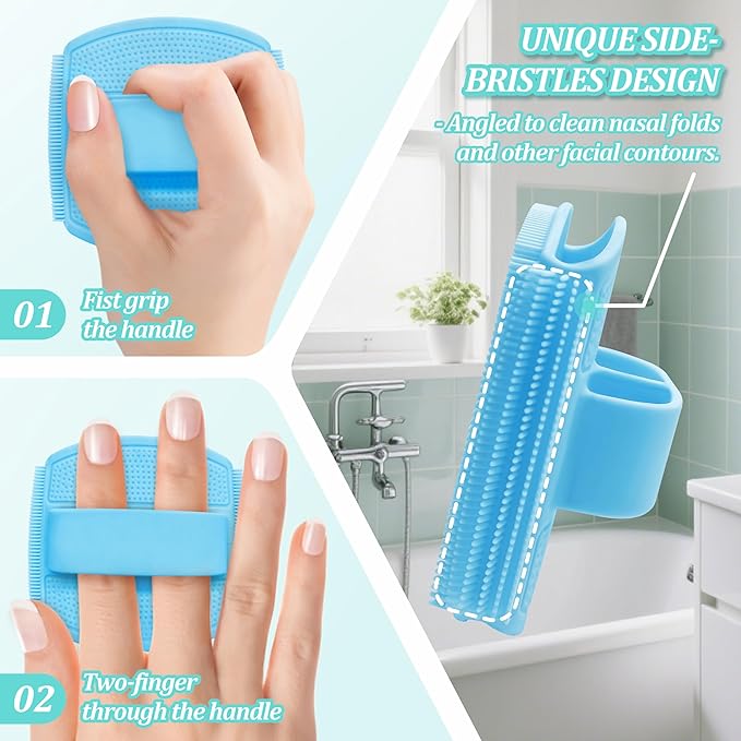 Silicone Back & Face Scrubber & Bath Glove Set 3PCS, 13.4'' Gentle Back Scrubber with Dual-Side Head, 360° Anti-Slip Bath Glove, Unique Side-bristled Face Scrubber for All-Round Cleaning(Blue)