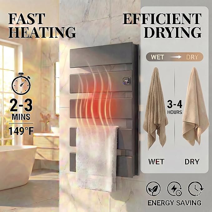 Electric Towel Warmer, Heated Towel Rack with Thermo Control and Timer, Fast Heating Towel Rail for Bathroom with Memroy Function, Work with Smart Plug, Right-Wiring, 5 Panel, Gun Gray