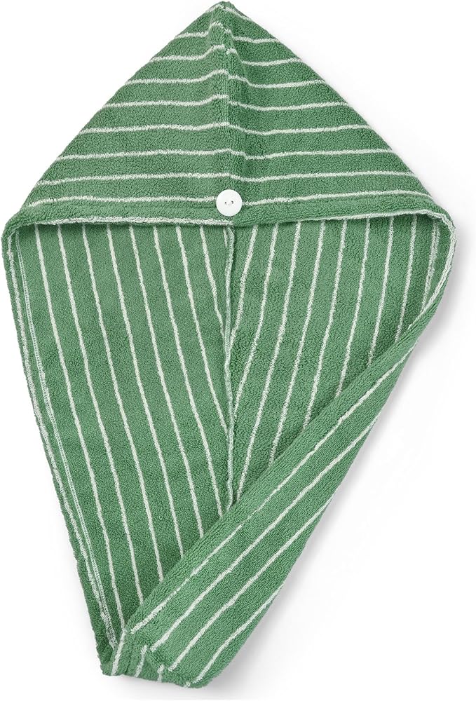 Jacquotha Cotton Hair Towel Wrap for Women (Green Striped) – Soft Absorbent Quick Drying Hair Turban for Wet Hair, 25” x 9.5”, 1 Pack