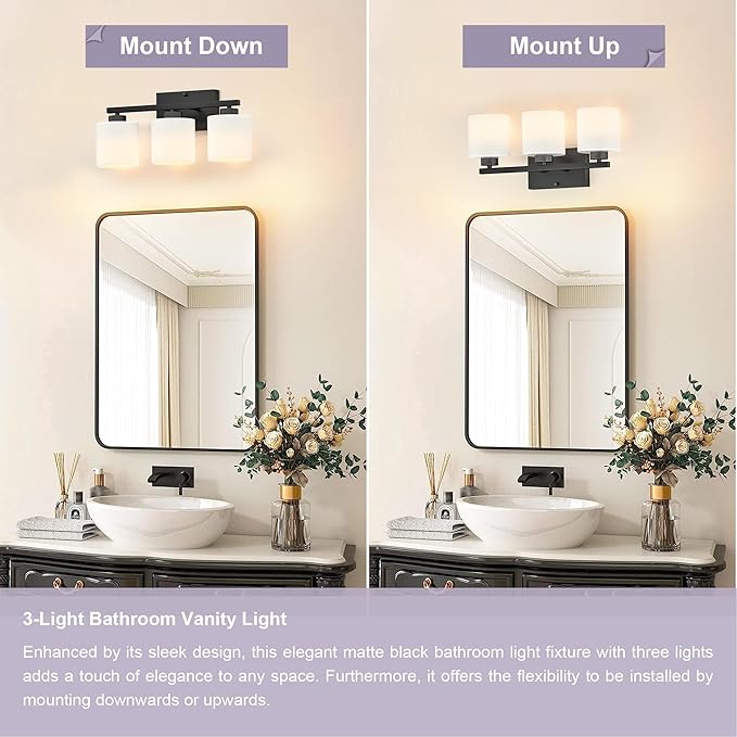 Honesorn Bathroom Light Fixtures Black, 3-Light Bathroom Vanity Light Over Mirror, Modern Vanity Lights for Bath Room with Frosted Shade & Anti-Rust Nickel Finished, E26 Base Lighting