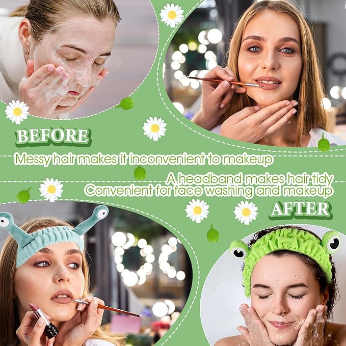 WLLHYF 3 Pack Spa Headband Face Wash Hairband Facial Makeup Head Wraps Cartoon Elastic Head Band Cute Frog Snail Crab Shower Headband Creative Hair Accessories for Beauty Skincare Sports
