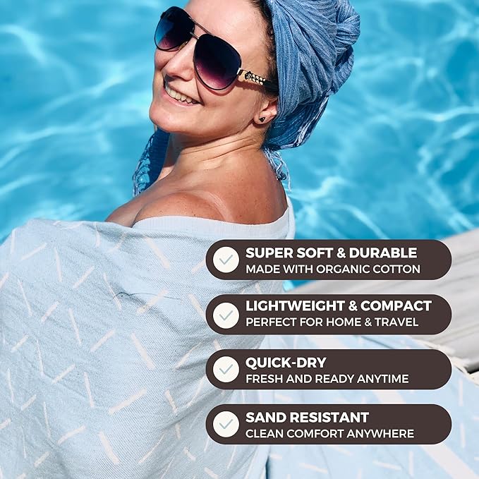 FESHKA Sand Free Turkish Beach Towel (37 x 67) Quick Dry Bath Towel All ages, Oversized Beach Blanket, Lightweight for Travel - Made with 100% Organic Turkish Cotton - Mavi (Baby Blue)