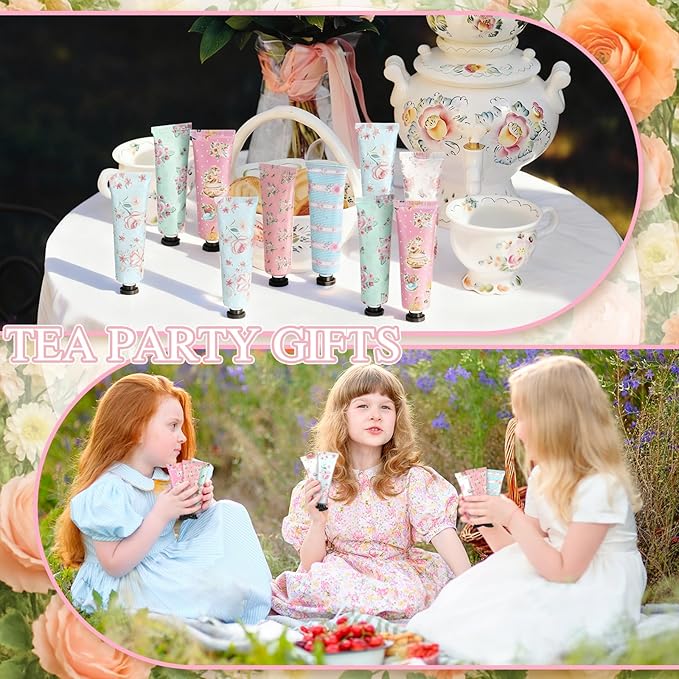 Tea Party Hand Cream Gift Set Wonderland Floral Tea Party Favor Flower Moisturizing Hand Lotion Bulk Dry Cracked Care Cream Teapot Favor Boxes Treat Gift Goodie for Baby Shower, 20 ml(36 Pcs)