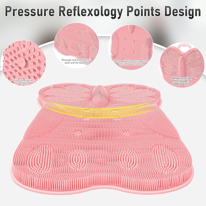 Back Scrubber Body Bath Cushion for Tub Bathtub Back Lumbar Ergonomic Support, Silicone XL Large Thick Soft Seat Pad Non-Slip Suction Cups, Relaxing Spa Exfloating Scrubber Mat 28x19 Pink