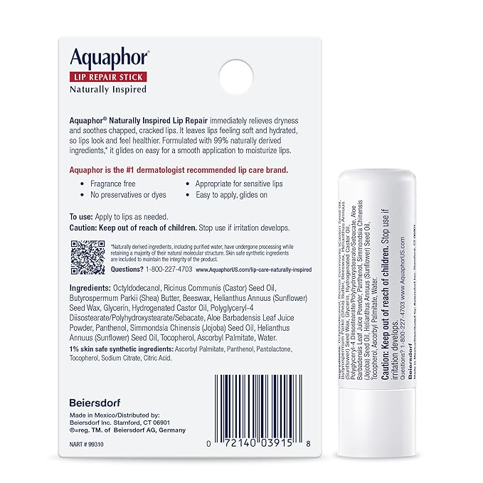Aquaphor Naturally Inspired Lip Repair Stick with Aloe Vera and Natural Shea Butter, Hydrating Lip Balm Immediately Relieves Dryness Stick, 0.17 Oz (Pack of 2)