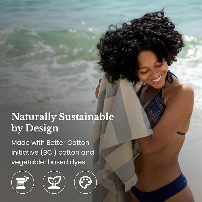 Lightweight Turkish Beach Towel - 100% BCI Cotton, Unbleached Raw Fringe, Oeko-TEX Certified, Absorbent, Eco-Friendly, 36x66”, Gray & Natural Stripes, Portable Sarong Blanket for Pool, Travel