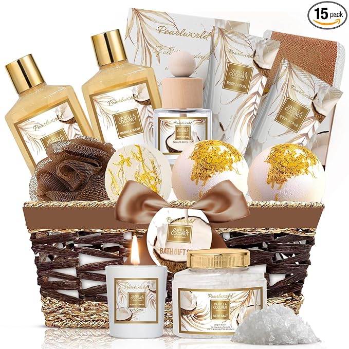 Valentine's Day Gifts Basket for Women, 15pcs Vanilla Coconut Bath Set with Shower Gel, Bubble Bath, Diffuser Oil, Scented Candle, Skin Care Kit Birthday Gift for Women