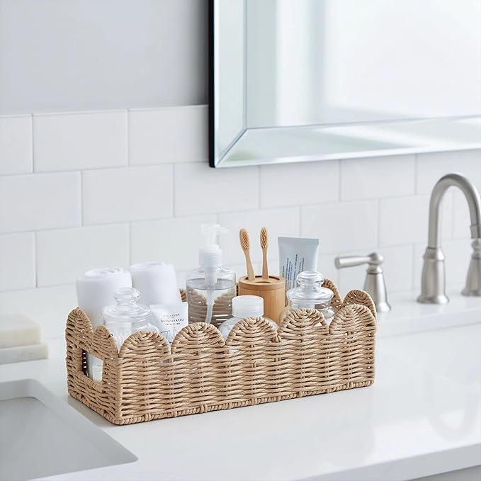 Scalloped Khaki Toilet Tank Basket for Back of Toilet, Wicker Bathroom Tray for Toilet Paper Storage, Bathroom Organizer for Tank Top, Countertop & Small Spaces