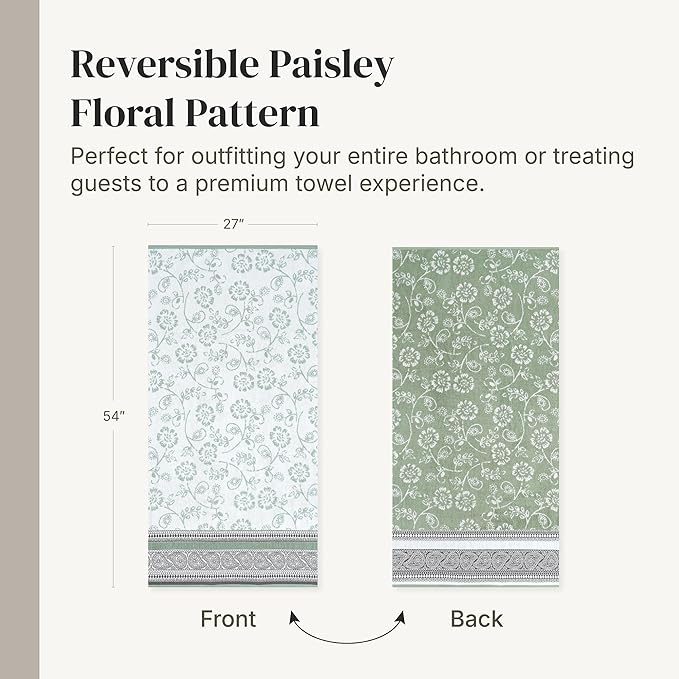 Modern Threads Floral Trail 6-Piece 100% Cotton Towel Set – Reversible Yarn Dyed Jacquard – Includes 2 Bath Towels, 2 Hand Towels, 2 Washcloths – Absorbent, Quick Dry, Soft & Durable – Sage Green