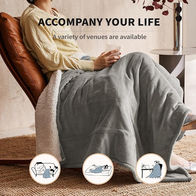 JET'S HOME Heated Blanket 50"x60" - ETL&FCC Certified Flannel Electric Blanket Machine Washable Heating Throw with 5 Heating Levels 3 Hours Auto-Off Overheating Protection (Grey)