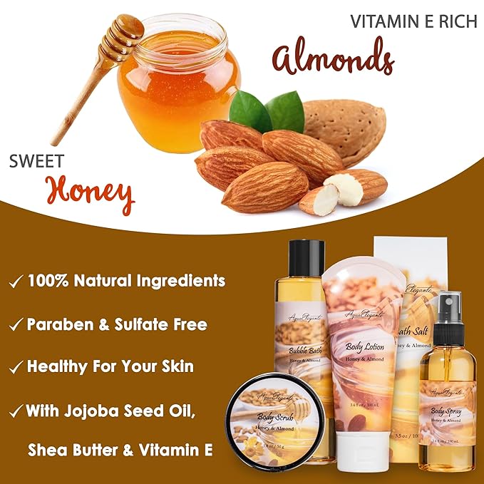 Aqua Elegante Full Spa Gift Set - 15 Piece Premium Bath Basket with Wash, Bubbles, Lotion, Salts, Body Scrub, Towel, Shower Puff, Bathbombs, Reusable Basket, Gifts for Women - Honey & Almond