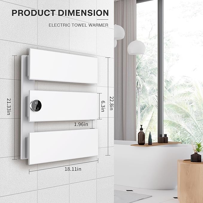 K&KALONZO Electric Towel Warmer, 18.35" W x 22.8" H Wall-Mounted Towel Heater with Built-in Timer, Waterproof Aluminum Towel Warmer for Bathroom, Support Plug-in and Hardwired, White, K3-L-W