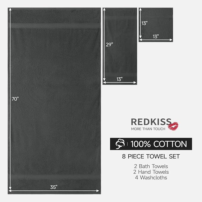 REDKISS Towels 8 Piece Luxury Bath Towel Set, 2 Bath Sheets (35x70 in), 2 Hand Towels, 4 Washcloths, 100% Cotton Super Absorbent & Quick-Dry Shower Towels for Bathroom Spa Gym Hotel Yoga - Grey