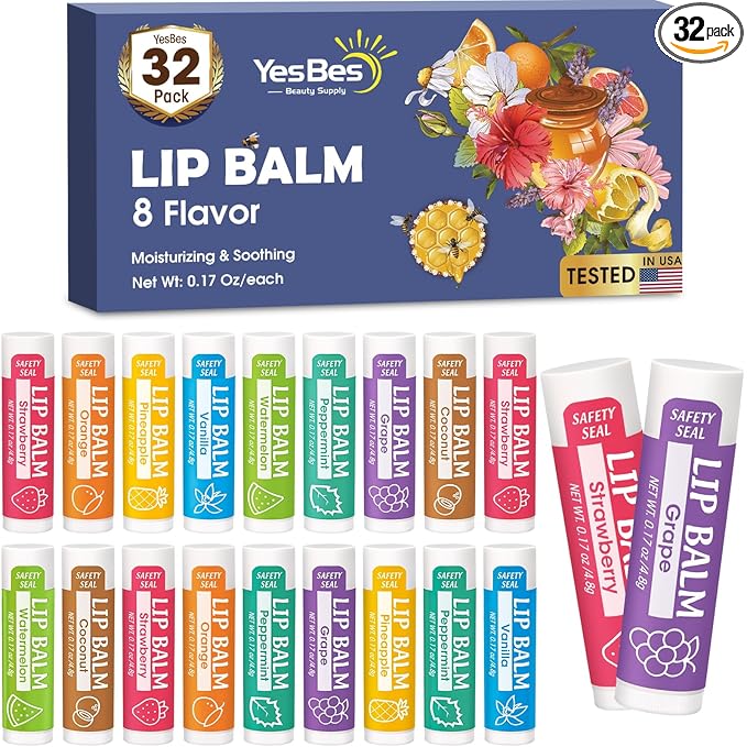 YesBes 32 Pack Lip Balm, Natural Lip Balm Bulk with Vitamin E and Coconut Oil, Moisturizing Lip Balms for Dry Cracked Lips, Lip Balms for Mothers Day Gifts Stocking Stuffers - 8 Flavors