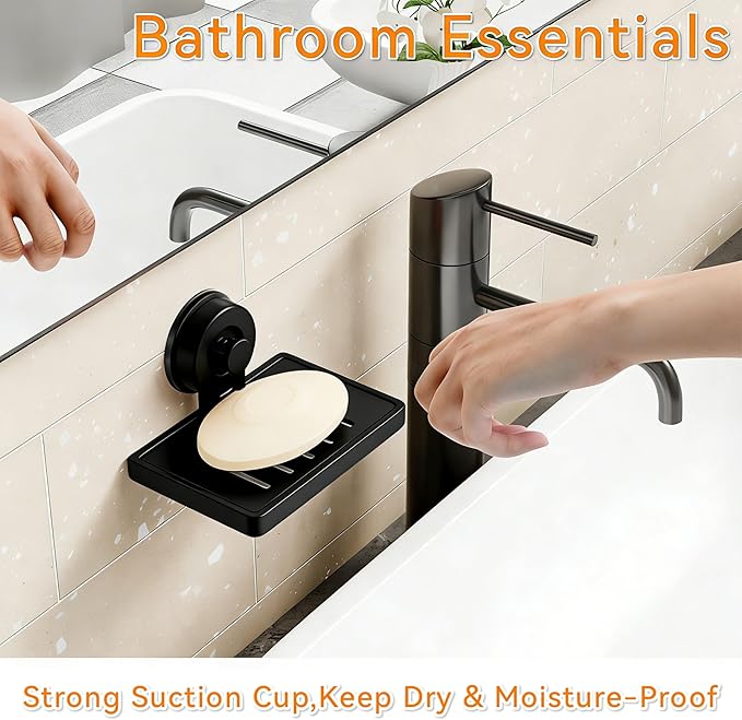 SUOXING 2 Pack Bar of Soap Holder for Shower with Suction Cup,Rustproof Wall Mounted Acrylic Shower Soap Rack & Caddy for Bathroom,Bath,Kitchen,Plastic Self Draining Soap Holder and Soap Shelf,Black