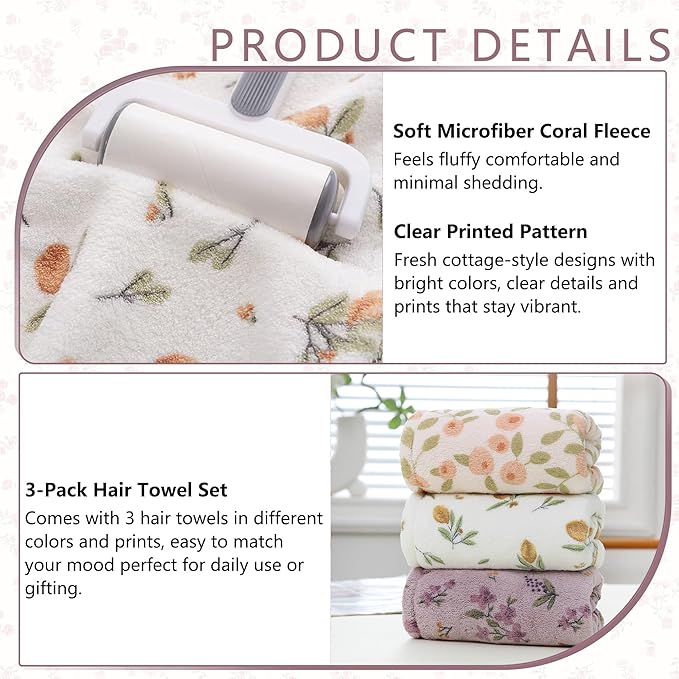 3 PCS Hair Towel Wrap Cute Pastel Floral Print Microfiber Fleece Hair Drying Towel Cap Soft Quick Dry for Women Bath Spa (Flower)