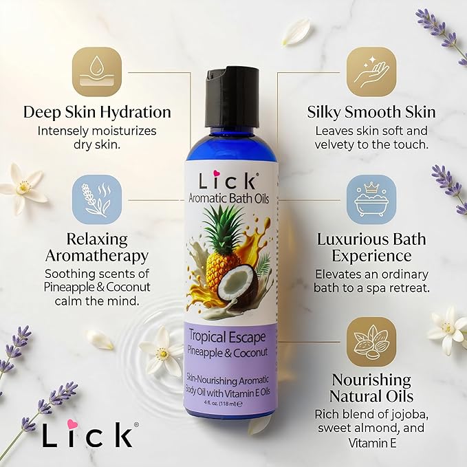 Lick Pineapple and Coconut Aromatic Bath Oil - Tropical Escape Aroma - Soothing Bath Soak Oils, 4 oz
