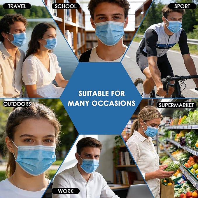 50pcs Individually Wrapped Masks, Blue Disposable Face Masks, 3 Ply Breathable Face Mask for Adults Indoor Outdoor