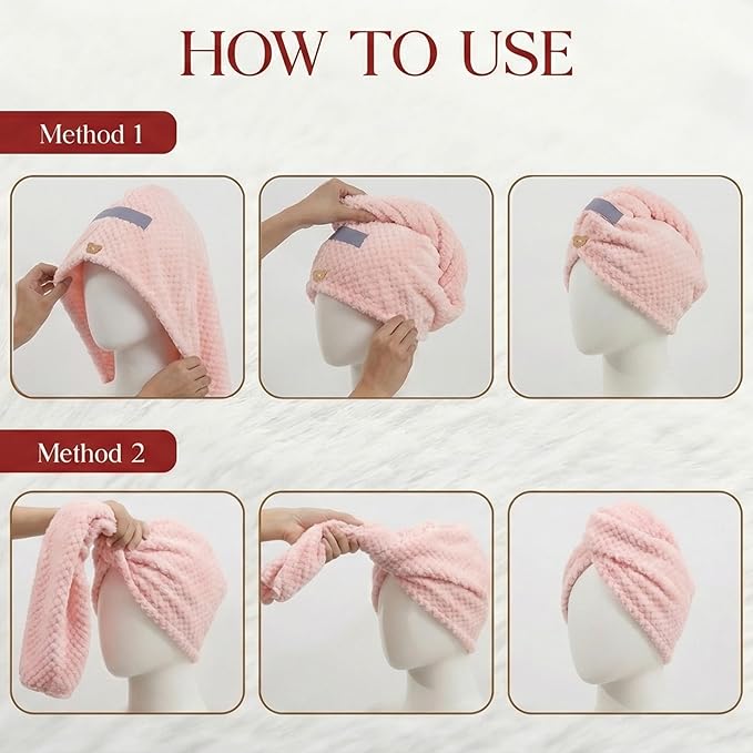 3 Pack Microfiber Hair Towel Wrap for Women 26 x 10 in | Hair Drying Towel with Button |Hair Turban Towel Quick Dry Coral Fleece Head Towels (Pink + Blue + Grey)