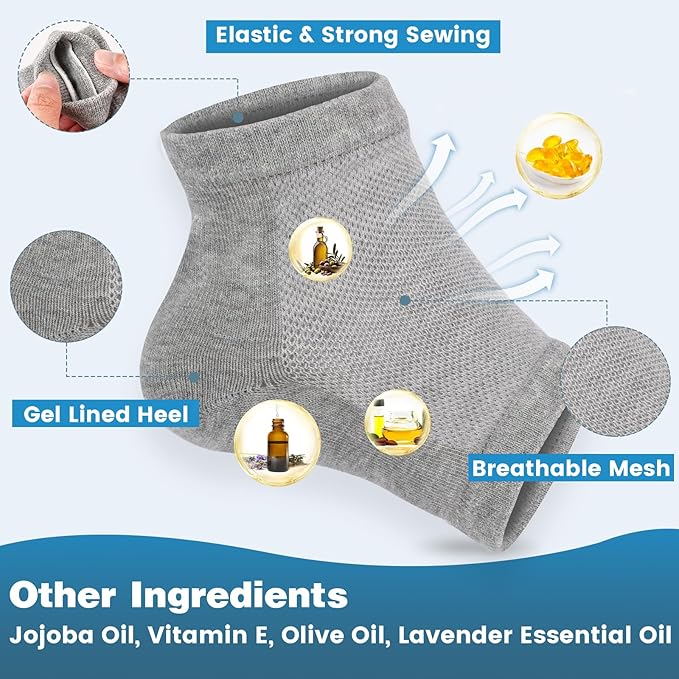 TEAWOO 6 Pairs Moisturizing Heel Socks for Cracked Heel Treatment, Foot Care Toeless Socks to Soften and Hydrate Dry Cracked Feet Heels, Cracked Heel Repair Socks, Gel Socks for Dry Cracked Feet