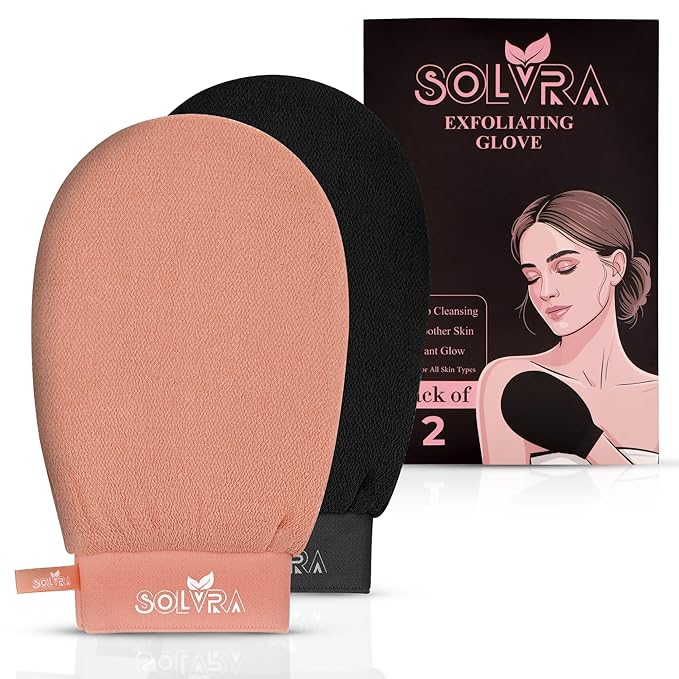Exfoliating Gloves –100% Vegan Viscose Kessa Mitt for Dead Skin Removal, Self-Tan Fade, and Keratosis Pilaris – Dual-Texture Glove for Spa & Massage (2 Pack,Black/Orange)